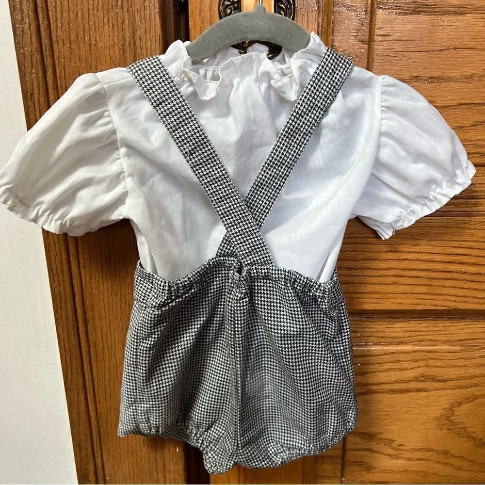 Charming Vintage Unisex Baby Classic Houndstooth Suspender Overall Shorts Romper